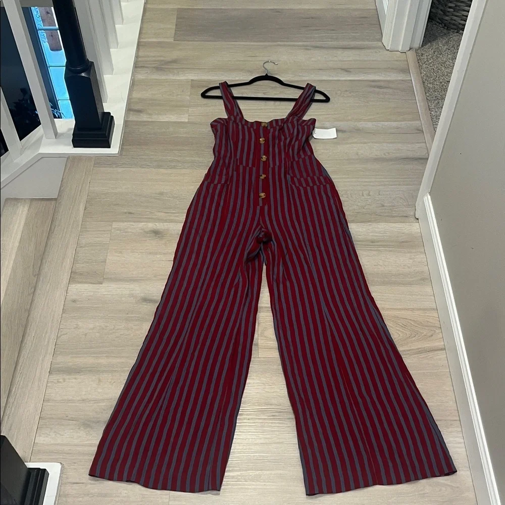Free People City Girl Striped Jumpsuit NEW wide leg sleeveless pockets Burgandy